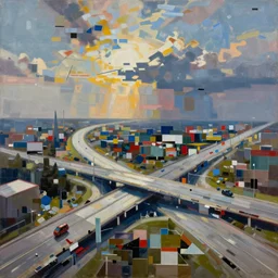 a beautiful abstract painting by peter vahlefeld of a sky view of a complex glitched highway intersection, color bleeding, pixel sorting, plaster and metal materials, brushstrokes by jeremy mann