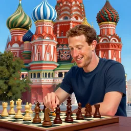 smiling mark zuckerberg in moscow playing chess, at red square, by nicoletta ceccoli, mark ryden, lostfish, max fleischer, hyper realistic, artstation, illustration, digital paint, matte paint, vivid colors, bright, cheerful, detailed and intricate environment