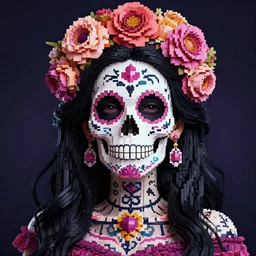 a gorgeous fancy skull lady by dan mumford and gil elvgren, hyperrealism, highly detailed, sugar skull, intricate details, beauty, pixel art, voxel, attractive, striking, lovely