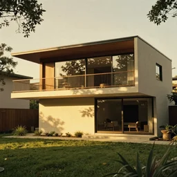 architecture ad for a mid-century modern house, designed by Kengo Kuma. Film grain, cinematic, yellow hue