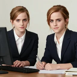 portrait of lindsey pelas and emma watson working as secretaries in an office, by charlotte grimm, natural light, detailed face, canon eos c 3 0 0, ƒ 1. 8, 3 5 mm, 8 k, medium - format print, half body shot