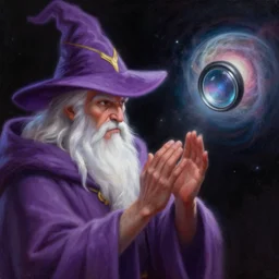 dungeon and dragons painting of wizard, white beard, hands closed, with purple hat with a golden line across his hat whilst in space, on the right side of a distant planet nebula floating behind the planet, lens zoomed in, ethereal motion blur focusing on the wizard, trending on artsation