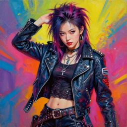 a portrait of asian girl an apocalyptic orcish biker character standing in a dynamic pose, psychedelic vibrant colors, punk rock fashion, oil painting by michael whelan art, sharp focus, detailed eyes, realistic, studded leather jacket, 8 k