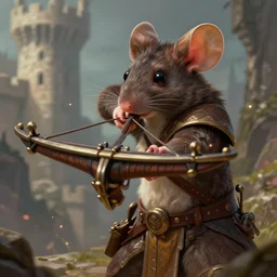 closeup 2 8 mm anthropomorphic archer mouse using a crossbow in a castle, d & d, fantasy, intricate, action pose, particle effects, highly detailed, digital painting, artstation, concept art, matte, sharp focus, volumetric lighting, illustration, hearthstone, art by artgerm, wlop, craig mullins, alphonse mucha