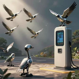 a flock of robotic birds at the charging station, hyperdetailed, hyperrealistic