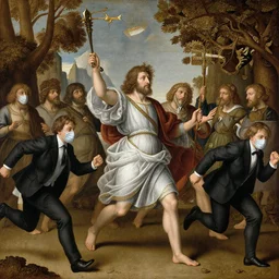 the triumph of death by bruegel, with covid, and people in suits running around
