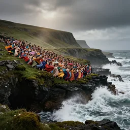 dark and moody 1 9 7 0's artistic technicolor spaghetti western film, a large huge crowd of women in a giant billowing wide long flowing waving colorful dresses, standing inside a green mossy irish rocky scenic landscape, crashing waves and sea foam, volumetric lighting, backlit, moody, atmospheric, fog, extremely windy, soft focus