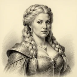 plump female dwarven noblewoman | complex blonde braided hairstyle | hyperdetailed | pencil sketch | J.C leyendecker | waist-up portrait | dungeons and dragons |