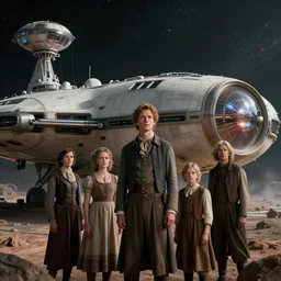 sharp, highly detailed, from a 2 0 1 9 sci fi 8 k movie, set in 1 8 5 0, mid distance shot of a family standing in front of their spaceship that has just landed on an alien planet, wearing 1 8 5 0 s clothes, atmospheric lighting, in focus, reflective eyes, 3 5 mm macro lens, live action, nice composition