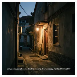 “a mysterious neighborhood in the evening. Cozy, creepy. Pentax 50mm (2007)”