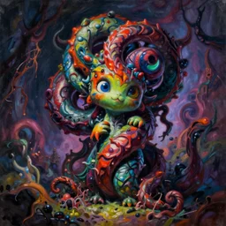 amazing detailed painting. disturbing, twisted, dark, evil. vibrant colors. cute, lovely, funny.