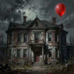 grunge painting of an insane asylum with a red balloon by chris leib, creepy lighting, horror theme, detailed, elegant, intricate, conceptual, volumetric light
