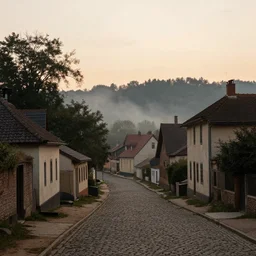 in the style of gerald brom, caravaggio, beautiful small town, houses and buildings, 1 8 0 0 s, cobblestone roads, low light, end of day, trees, forest in the distance, light mist