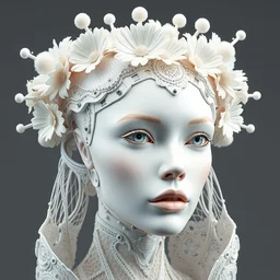 complex 3 d render hyper detailed ultra sharp beautiful futuristic stunning biomechanical humanoid woman with porcelain ivory face, medium shot portrait, close - up, filigree lace, iris van herpen cyberpunk daisies corals haute couture headdress with rhizomorph finials spires, brackets, fractal embroidered puffballs, octane render, 8 k