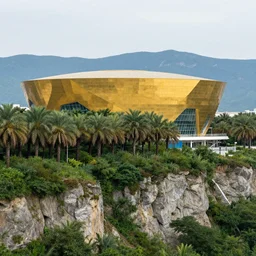 photo of a golden modern museum in palm lush forest on a cliff and mountains in russia next to lake, artificial volumetric lighting, snohetta, norman foster, god sun rays, golden hour atmosphere, moody vibrant dramatic cinematic rendering,