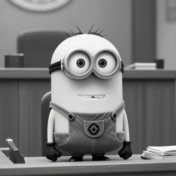 A black and white photograph of a Minion from Despicable Me on trial in court for his crimes against humanity
