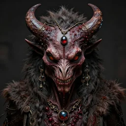 portrait of an extinct animal from hell, dangerous, evil, bloody, small necklace on the head, fur jewelry, intricate details, symmetrical, breath - taking, exif, trending on artstation, cgsociety, by wlop and artgerm