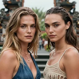 portrait of lindsey pelas and gal gadot in bali, by charlotte grimm, natural light, detailed face, beautiful features, symmetrical, canon eos c 3 0 0, ƒ 1. 8, 3 5 mm, 8 k, medium - format print, half body shot