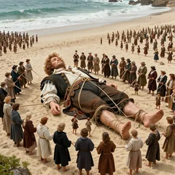 the gigantic unconscious body of lemuel gulliver lies on a beach surrounded by hundreds of tiny lilliputians, some standing on him. gulliver is being tied to the beach with hundreds of robes being held down by the lilliputians, the scene is cinematic and hyperreal