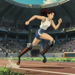Female athlete sprinter in a race with mechanical legs, cinematic stillframe, diesel punk, art deco stadium, artstation, contrasty, Studio Ghibli