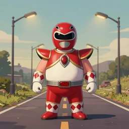 a study of cell shaded cartoon of a chubby power ranger on a country road, street lamps, road, illustration, wide shot, subtle colors, post grunge, concept art by josan gonzales and wlop, by james jean, Victo ngai, David Rubín, Mike Mignola, Laurie Greasley, highly detailed, sharp focus, Trending on Artstation, HQ, deviantart, art by artgem
