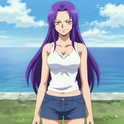 style of madhouse studio anime, rei hiroe black lagoon manga, loish, artgerm, joshua middleton comic art, portrait of revy from black lagoon, purple hair, symmetrical eyes and symmetrical face, jean shorts, white tank top, sarcastic evil smirk on face, natural lighting, sky and ocean background