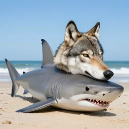 professional photo of a shark body and wolf head strange combo discovered on the beach