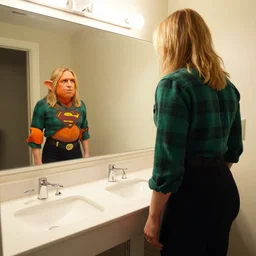 ultra wide angle photo of megan kelly dressed in a green flannel shirt and black dress pants as clark kent looking at himself in a bathroom mirror and seeing his reflection dressed as an orange skinned oompa loompa
