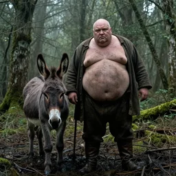 a movie still by tarkovsky of one profil giant obese old bald man in dirty medieval clothes with one donkey in a swamp mossy forest, cinestill 8 0 0 t 3 5 mm eastmancolor, heavy grain, high quality, noir, natural textures, photorealistic, ambient occlusion, hd, mud, fog, criterion collection
