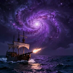 purple color lighting storm with stormy sea, pirate ship firing its cannons real life trippy nebula sky 50mm shot fear and loathing movie