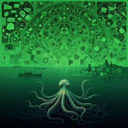 a tentacled creature emerging from the ocean near a fishing village in large landscape, night colors, high - key lighting, beautiful composition, intricate, gradient from green to black, pro photography by, highly detailed, digital painting, art by artgerm and greg rutkowski and alphonse mucha, smooth, sharp focus illustration, n 9