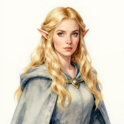 watercolour of a female elven wizard with long wavy blond hair in a cloak, fantasy, hyperrealism
