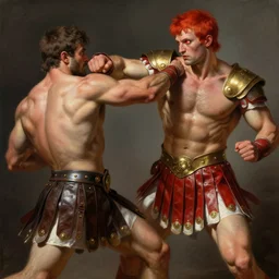 fight scene renaissance painting of bodybuilder roman soldier punching a enemy, red leather roman soldier skirt with white tips, gold shoulder armor piece, piercing bright red eyes, fantasy, short red hair, highly detailed, digital painting, crossfit, sharp focus, illustration, matte, dramatic, dynamic pose, art by artgerm, rutkowski!, mucha!, and simon bisley!!!