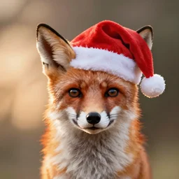 a close up, studio colour photograph of a fox wearing a santa hat, dramatic backlighting at golden hour, wide angle 15mm lens, silly cartoon