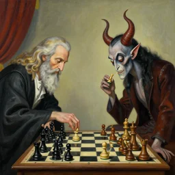A very detailed surreal fantasy painting of God playing chess against Satan by Manjit Bawa and Salvador Dali, trending on artstation, 4k, widescreen.