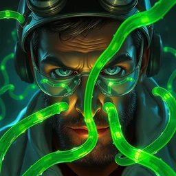 scientist, close up, glowing green tubes sticking in his head, insanity, corruption, highly detailed, digital painting, artstation, concept art, smooth, sharp focus, illustration, art by artgerm and greg rutkowski and alphonse mucha
