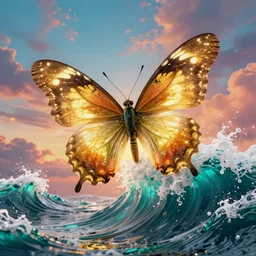 a stunning ultra detailed surreal fine art illustration of a large butterfly riding a wave, by vladimir kush, 2 4 mm lens, artstation, 8 k, golden ratio composition, very detailed, glowing wings, colorful sky, turquoise waves