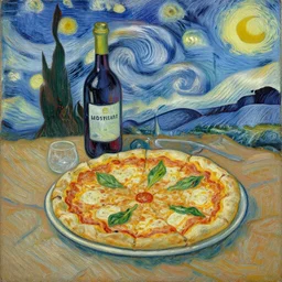 oil painting of a still life with a pizza and wine, in the style of Vincent van Gogh,