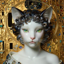 face centered portrait, artwork by james jean, hyperdetailed realistic smooth polished porcelain, beautiful cat queen, jean delville, art nouveau, gustav klimt, ornate metal gothic icon with heavy patina, james jean, ultrasharp hyperdetailed photorealistic octane render, surreal, whimsical, visionary, symbolist, mythology
