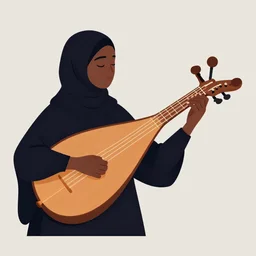 dark - skinned archer lute player playing the lute, hijab, victo ngai, kilian eng, lois van baarle, flat