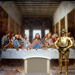a scene from a 8 0 s sci fi movie depicting : the il cenacolo of l'ultima cena painting with c 3 po instead of humans