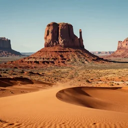 monument valley in the style of dune, 8 k, cinematic, upwards perspective,