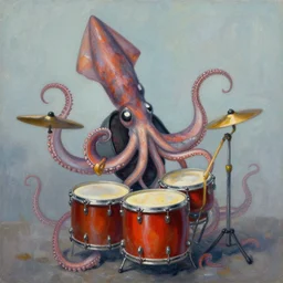 a painting of a squid banging the drums with its tentales, by greg rutkowski, featured on artstation