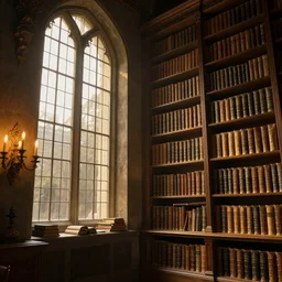 interior of an elvish library with tall windowpane, shelves full of ancient books, cinematic, Golden hour, candele light, fantasy! hyperrealistic, detailed, 4k, magic