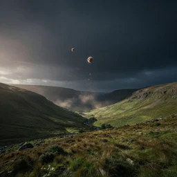 a photo of small blobs of interdimensional fractal creatures falling from the sky in the distance, on a dark night, a vast landscape with lush welsh hills, dust particles, natural lighting, natural color palette, awe inspiring, wide angle, cinematographic, subtle lens flare dim lighting, beautiful volumetric - lighting - style atmosphere, surreal atmosphere, intricate, detailed, photorealistic imagery, artstation
