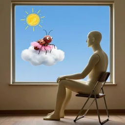side view of a realistic male mannequin sitting on a folding chair looking out a window at a realistic blue sky, with a hand drawn sun and hand drawn cloud, a huge bug with tiny multiple eyes and wearing a pink ballerina outfit, sitting on the cloud, 8 k rendered, in the style of salvador dali