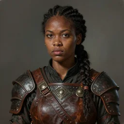 portrait painting of round - faced black badass young woman ranger with a braided ponytail wearing old leather armor, ultra realistic, concept art, intricate details, eerie, highly detailed, photorealistic, octane render, 8 k, unreal engine. art by artgerm and greg rutkowski and charlie bowater and magali villeneuve and alphonse mucha