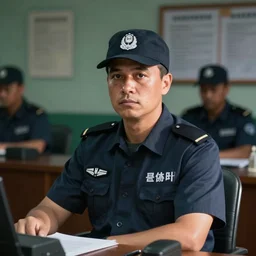 an ultra realistic, cinematic portrait of a prison guard, sat in an office, deep focus, dreamy, dramatic lighting