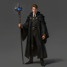 fullbody portrait of a wizard in elegant outfit holding a magic staff by miranda meeks and greg rutkowski, highly detailed, perfect features, dark, mysterious, digital art, sharp focus, illustration, concept art, trending on artstation