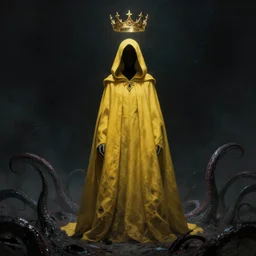 a full body portrait of a mysterious character with no face with a very long hooded yellow cloak, a golden crown floating above his head tentacles coming out the ground art by maciej kuciara and jason chan, ominous, cosmic horror, trending on artstation, ultra detailed, hyper realistic 4 k